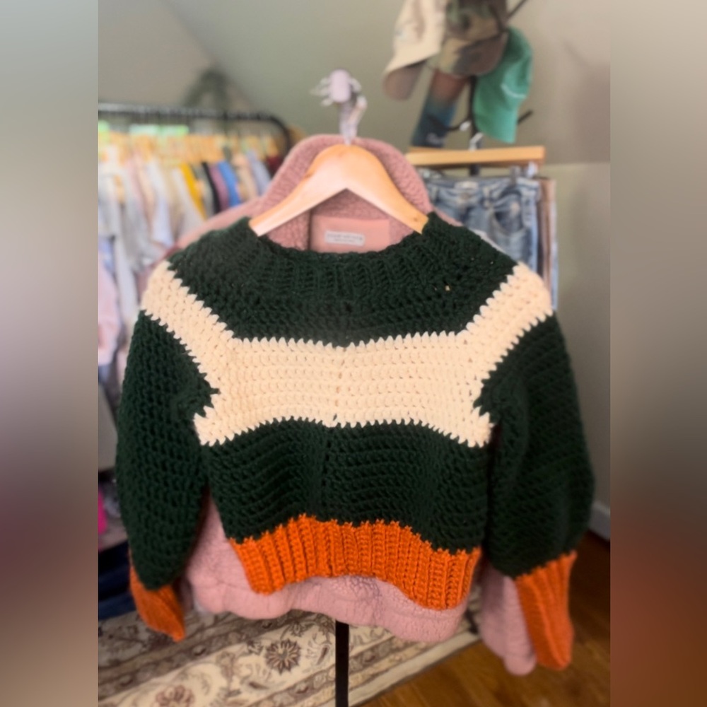 Small Woman’s Hand-Knit Wool Sweater - Irish Flag Colors